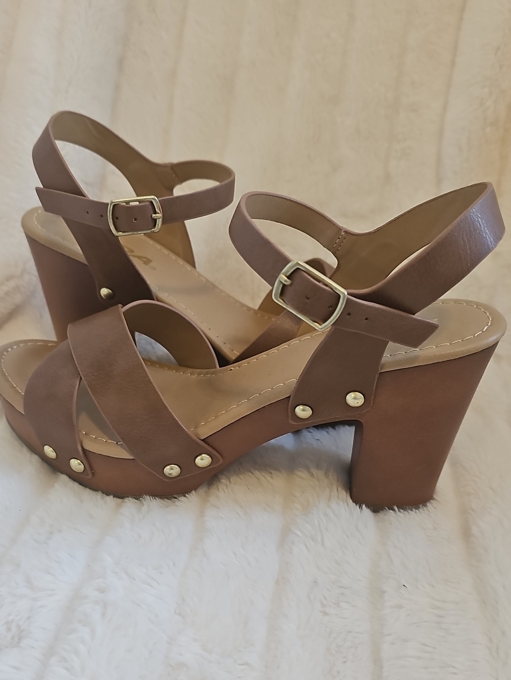 Soda Tan Platform Heel Sandals with Stud Accents